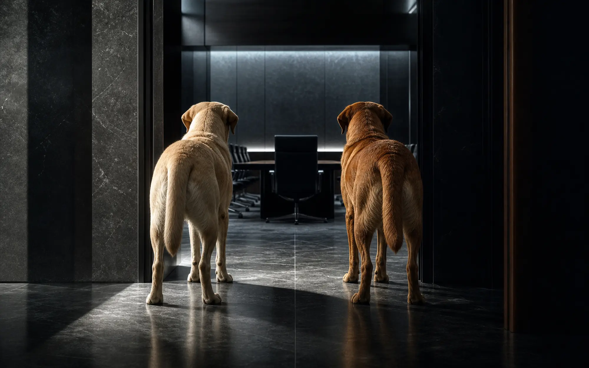 The two Dog Brothers Labradors standing side by side at the threshold of a dark executive boardroom.