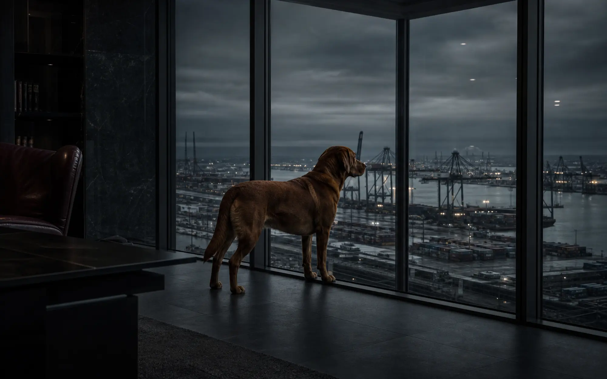 A fox-red Labrador in a dark executive office at dusk, watching a container port and heavy infrastructure below.