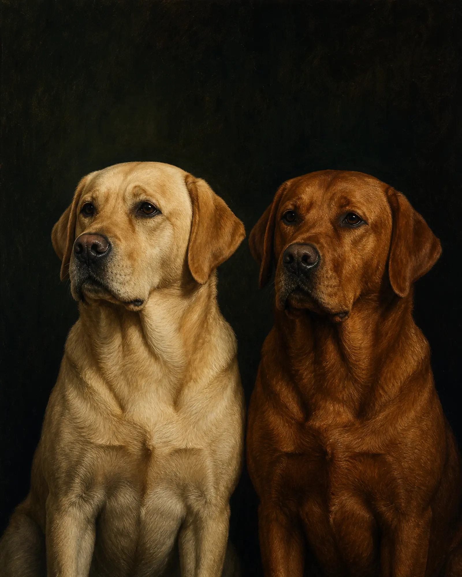 Formal paired portrait of the two Dog Brothers Labradors — one yellow, one fox-red — against a dark background.