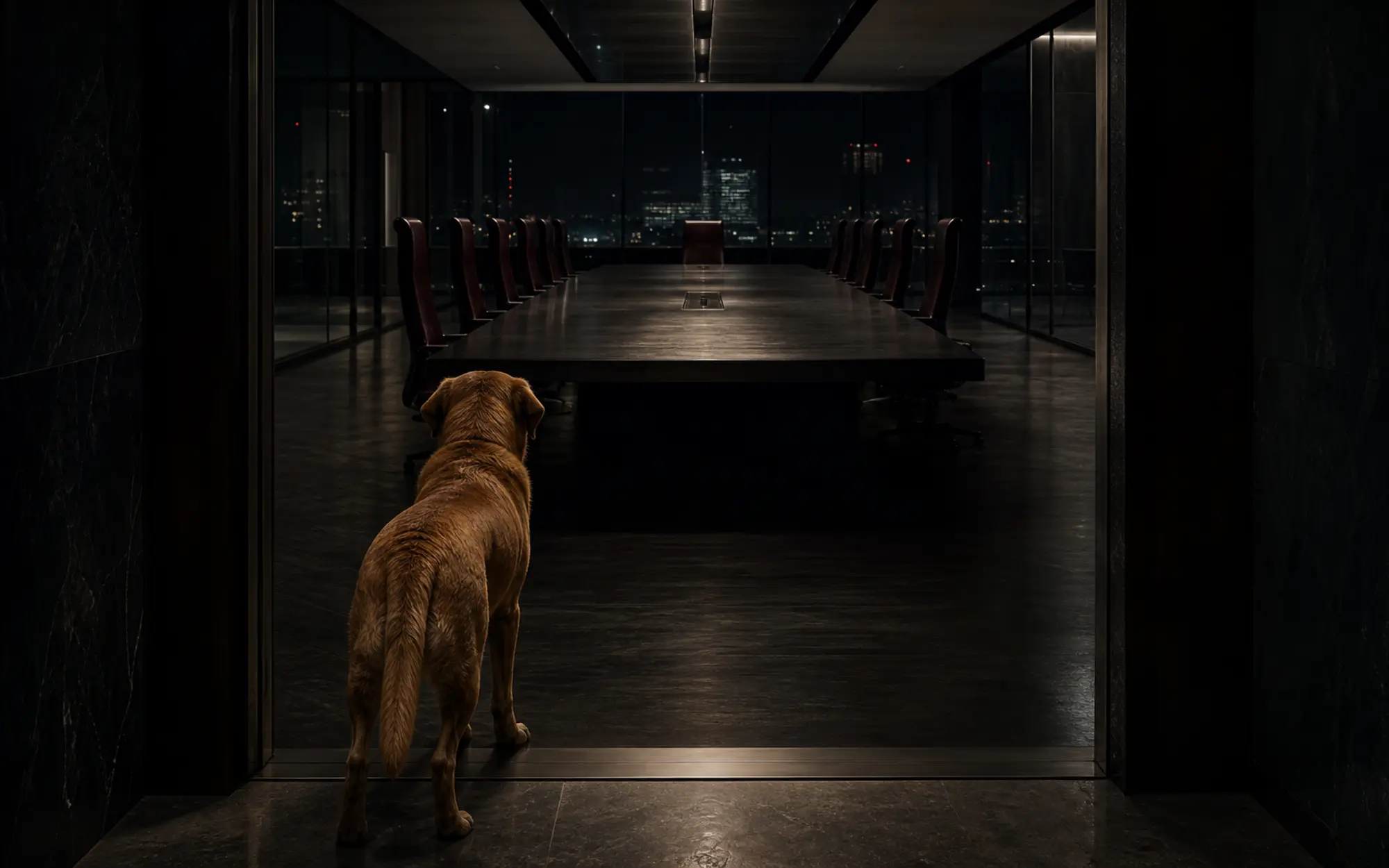 A fox-red Labrador observing an empty executive boardroom at night from a doorway.
