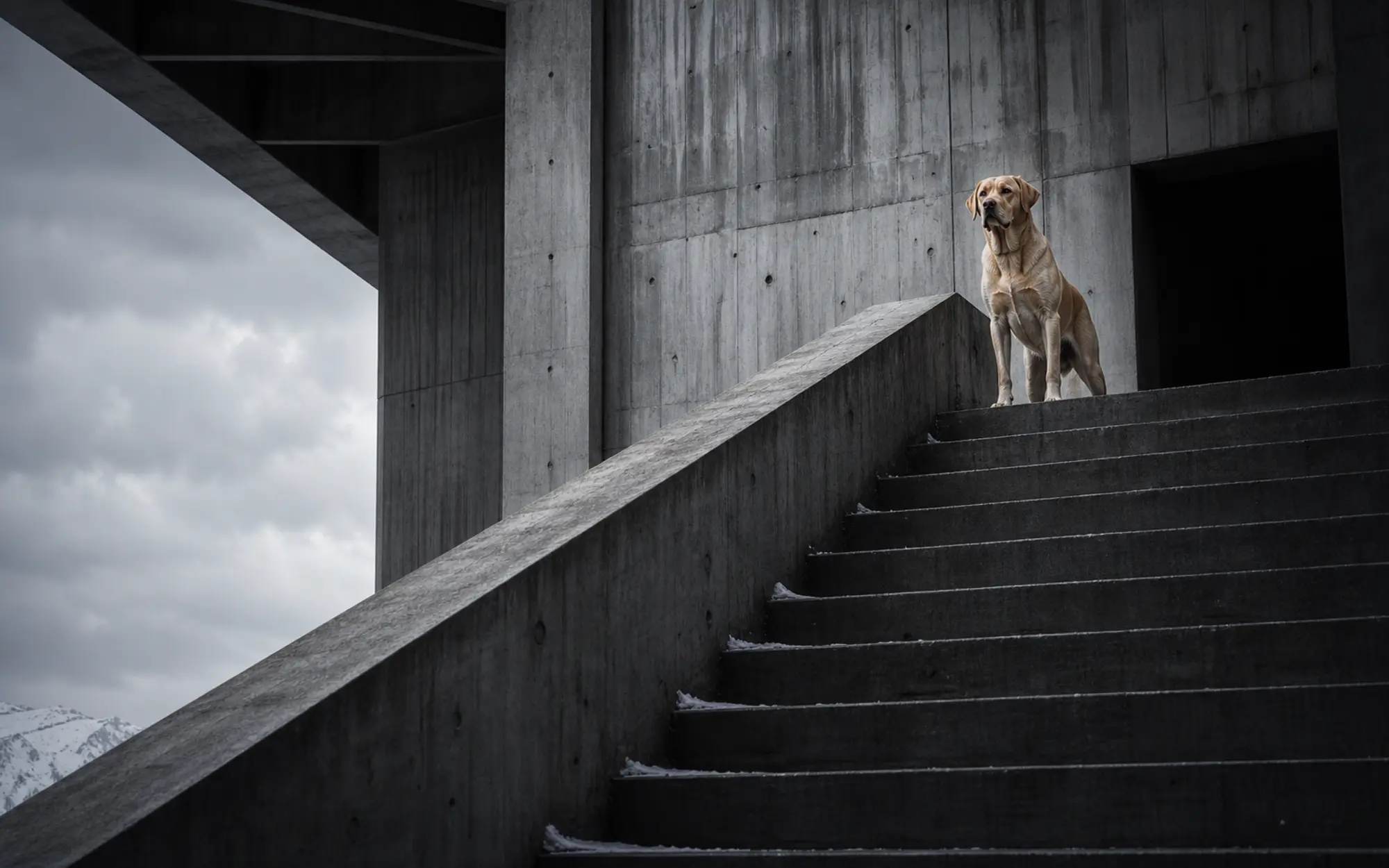 A yellow Labrador standing alert at the top of a brutalist concrete staircase in cold winter light.